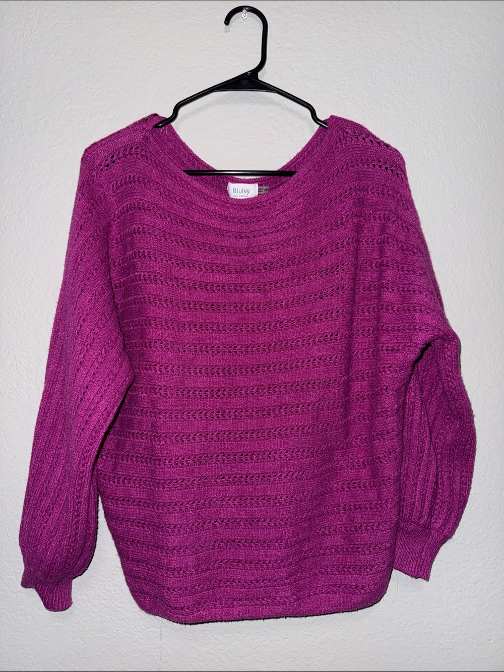 Bluivy Magenta Open-Knit Crewneck Sweater